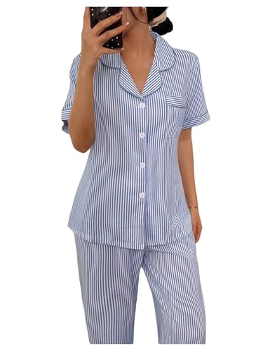SHENHE Women's Striped Pajama Set Button Down Short Sleeve Pjs Soft Pants Loungewear Set