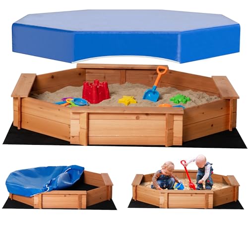 Outsunny Arenero de Madera para Niños Arenero Infantil Octágono con Cubierta de Poliéster y Tela no Tejida Juego para Niños de 3-8 Años para Patio Jardín 139,5x139,5x21,5 cm Rojo y Azul