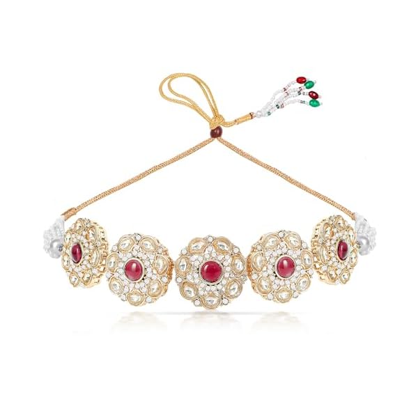 IIJ Traditional Latest Crystal Choker Necklace Design Red Ruby and Golden | Round Stud Earrings with Kundan Flower Design | Maang Tikka for Wedding Jewellery Set for Women & Girls - Image 4