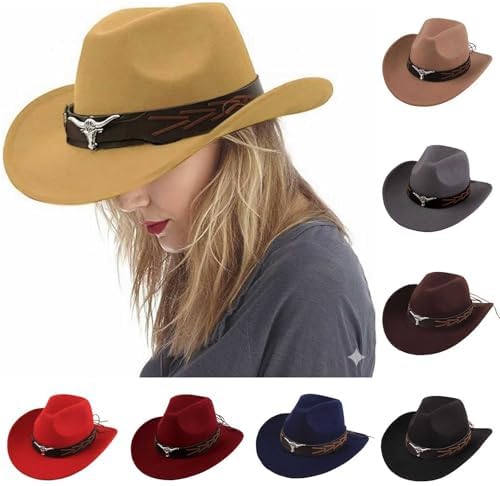 Cowgirl Hat with Wide Belt Buckle Western Cowboy Hats Felt Hat Jazz Fedora Cowgirl Hats for Womens