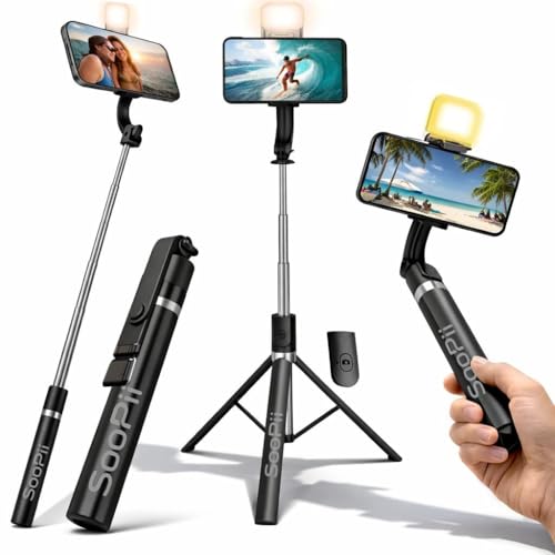 Image of 3-in-1 Selfie Stick Tripod with Light 67 Inch Extendable Long Tripod Stand with Wireless Remote, 360 Rotation, Adjustable Phone Holder for Travel, Makeup, Vlogging, Compatible All Smartphones