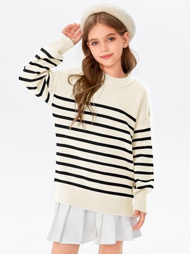 Girls Striped Oversized Sweaters Fashion Batwing Sleeve Side Slit Knit Pullover Clothes 5-14 Years3
