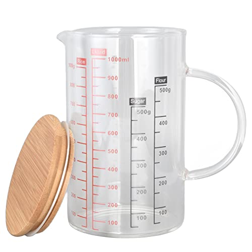 Topyond Glass Measuring Cup 4 Cup with Lid, 34OZ/1000ML Measuring Beaker, 3 Scales (ML/OZ/Cup), V-Shaped Spout & Handle, Microwave/Dishwasher Safe, Baking Beaker for Cooking, Liquid Pouring