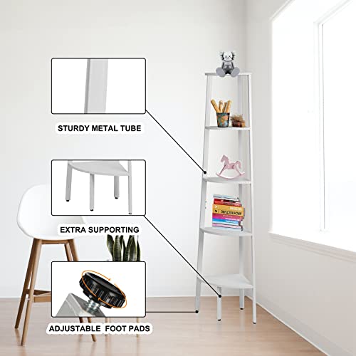 5 Tier Corner Shelf Stand, Corner Ladder Shelf Wood Display Rustic Bookshelf With Metal Frame Anti-Tilt Design Multipurpose Plant Stand For Living Room, Kitchen, Home Office (White, 62.3 Inch) #TOP3