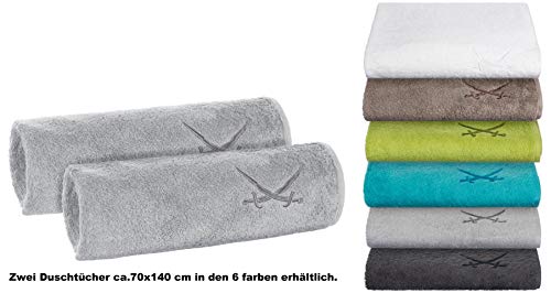 Sansibar 2er Set Duschtuch 70x140 cm – Saugstarkes Badetuch aus 100 % Baumwolle – Oeko-TEX zertifizierter Frottee – Sylt-Design mit gesticktem Säbel-Logo – Silber