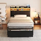 Casaottima Twin Bed Frame with Storage Drawer, Upholstered Headboard with LED Lights&USB Charging Outlets, No Box Spring Needed, Easy to Assemble, Black