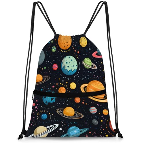 Colorful Planet Pattern Polyester Drawstring Bag with Zipper Pocket, 18x14 Inch Water-Resistant Gym Sack String Backpack for Sports, Travel, Camping