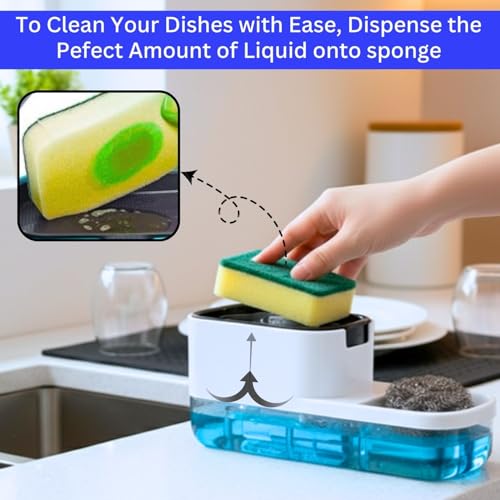 Image of Ranox Soap Dispenser for Kitchen Sink Accessories, Dish Wash Liquid Dispenser Pump 400ml with Sponge Holder, Bathroom Soap Dispensers, Kitchen Sink Organizer (White (Dual Dishwasher))