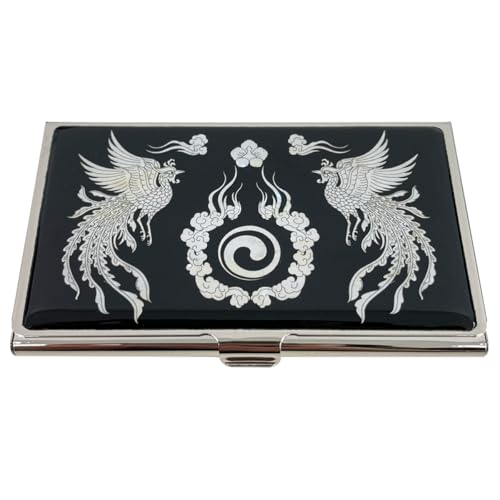 Image of Mother of Pearl Business Card Case Credit Id Name Holder Travel Wallet Art Painting Design Metal Stainless Steel Engraved Slim Purse Pocket Cash Money Wallet (Phoenix)