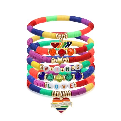 Smilelife LGBT Pride Bracelets Rainbow Clay Bead Bracelet for Bisexual Lesbian Gay& Allies Pride Love Wins Bracelets LGBT Celebration Gifts (Heart)