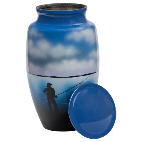 Fishing Cremation Urn for Ashes, Aluminum, Blue Urn, Adult Sized Cremation Urn, 10 Inches High