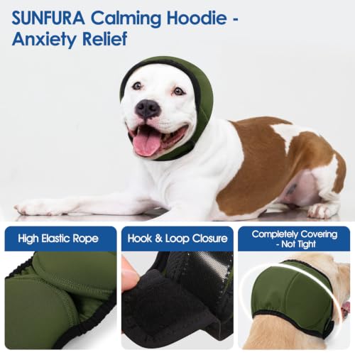 Image of Dog Calming Hoodie No Shake Dog Ear Wraps Water Resistant Ear Cover | Anxiety Relief Ears MuffsNoise Protection for Firework, Grooming, Thunderstorms, Swimming, Bathing, ArmyGreen L