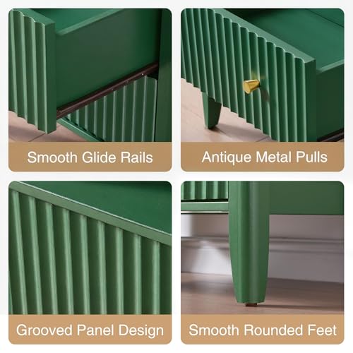 Image of Fluted Nightstand with Charging Station Set of 2, 27.3 inch Tall Modern Bedside Table with 2 Drawers & Open Shelf, Large Wide Wood End Table with Storage & Metal Handle for Bedroom, Green