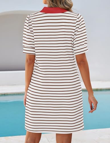 Image of ZESICA Womens Summer Striped T Shirt Mini Dresses 2026 Casual Lapel V Neck Short Sleeve Flowy A Line Beach Vacation Dress
