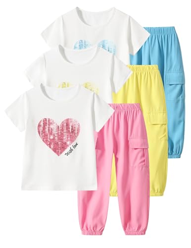 Image of Girls 4 Pieces Outfits Short Sleeve Printed Tee Tops and Pants Set 4-12Y