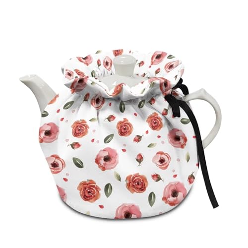 Image of Pink Rose Tea Cosy, Scratches-Proof Insulated Kitchen Teapot Dust Cover with Drawstring, Tea Pot Cozy Breakfast Warmer for Home Kitchen Table Decoration