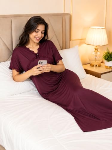 Image of 9shines Label Stylish Soft Modal Maxi Nighty | Honeymoon Nighty | Full Length Trendy Nightgown | V-Neck Lace | Premium Nightdress | Soft Long Nightdress | Maxi Gown Nightwear for Women (Malai Satin)