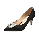 ERIJUNOR E1604 Women Pumps Low Heel Rhinestone Brooch Satin Evening Dress Wedding Shoes Black Size 8