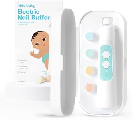Frida Baby Electric Nail Buffer | Safe + Easy Baby Nail File, Baby Nail Clippers + Nail Trimmer Kit for Newborn, Toddler, Children's Fingernails/Toenails, 4 Buffer Pads, LED Light, Storage Case, White