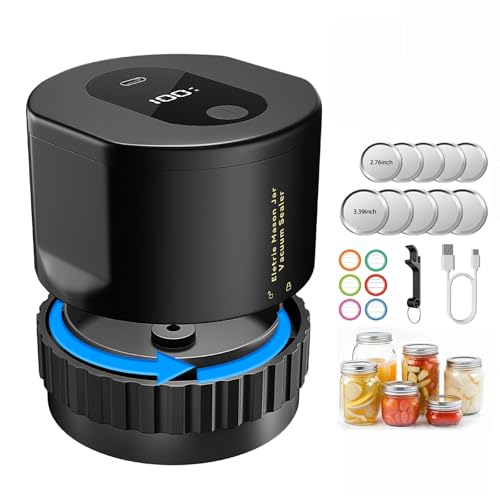 Electric Mason Jar Vacuum Sealer Kit, Auto Stop Mason jar Vacuum Sealer for Wide Mouth?Regular Mouth Jars, Cordless Mason Jar Kit with Can Opener, 8 Jar Lids, Food Storage Labels