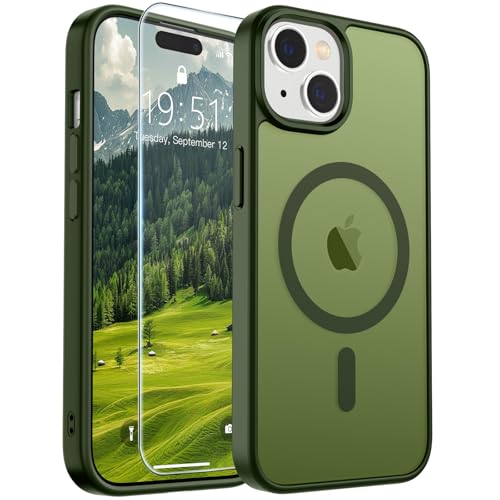 Image of SUPFINE Magnetic for iPhone 15 Case (Compatible with MagSafe) (Military Grade Drop Protection) Slim Translucent Matte Shockproof with Anti-Fingerprint Phone Case, Cangling Green