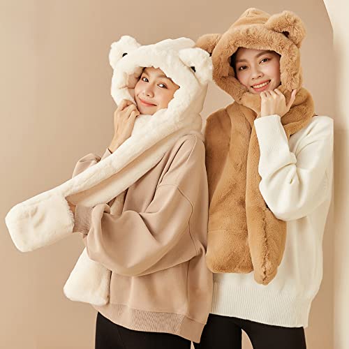 OHYOGA 3 in 1 Women Animal Hooded Scarf With Pockets Soft Winter Warm Plush Bear Hat Faux Fur Long Scarf Gloves Set SLH2T1383