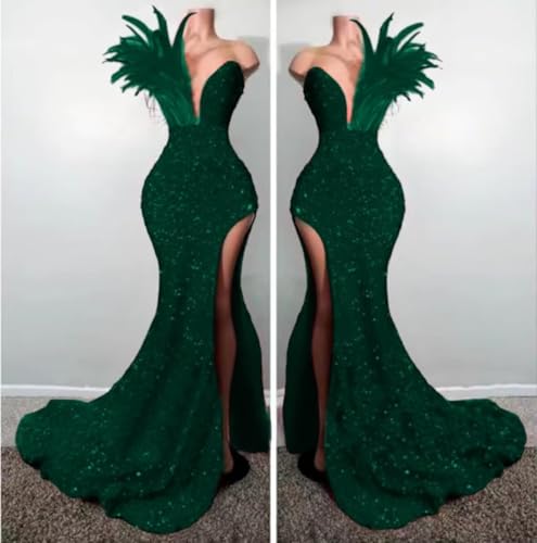 Women's Sexy Sequins Feathers Prom Dress Deep V Neck Gown Off Shoulder Celebrity Cocktail Party Gowns with High Split2