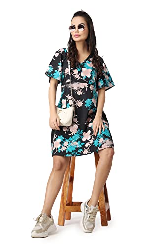 Image of POPWINGS Casual Printed V-Neck Short Sleeves Knee-Length Fit and Flare Dress for Women || Frokc-Style Summer Wear Dresses for Women || Loose-Fit Comfortable Women Dress for Regular Wear