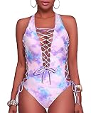 Holipick Women Pink and Purple Sexy One Piece Swimsuits WBunge V Neck Bathing Suits Lace up Monokini Strappy Cutout Swimwear M