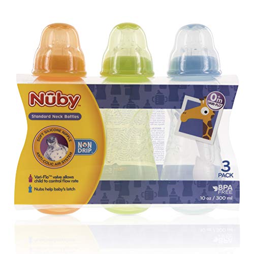 Nuby 3-Pack Non-Drip Standard Neck Bottles (Orange/Green/Aqua)