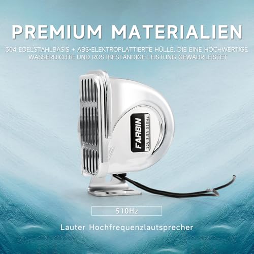 FARBIN Marine Hupe for Boote 12V Schiffshorn wasserdicht Signalhörner 510Hz Hochtonige Edelstahlhupe für Schiffe Boote Segelboote Yachten LKW SUV RV Touring Car etc.