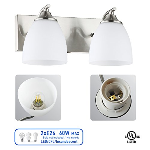 OSTWIN 2-Light Bath Bar Light Up or Down, Interior Bathroom Vanity Wall Lighting Fixture VF42, 2x60 Watt E26 Socket, Satin Nickel Finish with Opal Oval Cone Glass Shade, UL Listed - Thumbnail 6