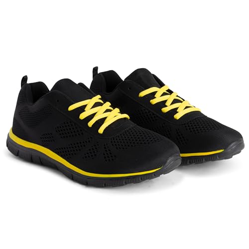 Get Fit Women’s Lightweight Trainers - Breathable Mesh Gym Walking Shoes - Comfortable Lace-Up Fitness Sneakers, Flexible Non-Slip Sole - Black/Yellow - UK5/EU38