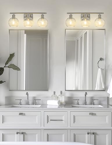 Image of DORESshop 3-Light Bathroom Vanity Light Over Mirror, 24 Inch Brushed Nickel Bathroom Light Fixtures with Clear Glass Globe Shade, Modern Vanity Lights for Bathroom, Mirror, Living Room, Bedroom