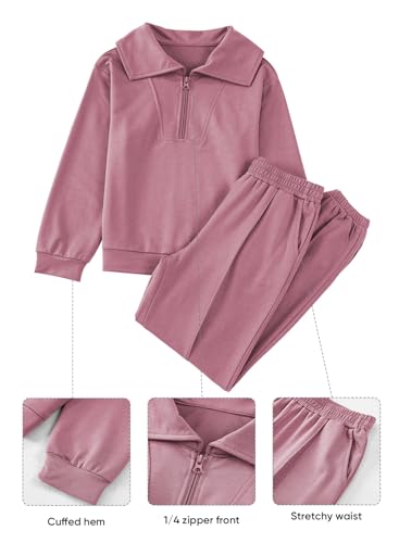 Image of blibean Girls Fall Sweatsuit Sweatshirt Jogger Pants Sets Size 12-13 Pink | Teen Girls Fall Knit Half Zipper Collar Solid Two piece Outfits Big Kids Casual Daily Sports Sets