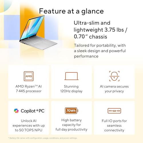 Image of ASUS Vivobook S16 Laptop (2026), 16 inch 16:10 WUXGA Touch Display, Copilot+ PC, AMD Ryzen AI 7 445 Processor, AMD Radeon Graphics, 16 GB RAM, 1TB SSD, Wi-Fi 6, Win11 Home, Cool Silver, M3607GA-AS76T