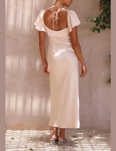 Image of Summer Satin Flutter Sleeve Wedding Guest Dresses for Women Sweetheart Neckline Cutout Tie Back Midi Cocktail Dress