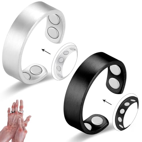 Vicmag 2PCS Magnetic Copper Rings for Women & Men 99.99% Pure Copper Ring with 9X Magnets Gift Adjustable(9X Black & Silver)
