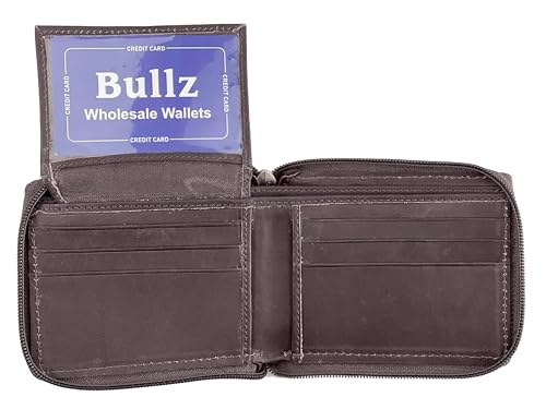 Genuine Cowhide Leather Mens Zipper Zip-Around Bifold Wallet Organizer