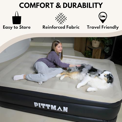 Image of Pittman Outdoors Queen Air Mattress - 20 inch Deluxe Blue Double High, Queen Air Mattress with Built in Pump, 600lb Capacity, Portable Inflatable Bed with Carry Bag, Blow Up Mattress for Home & Travel