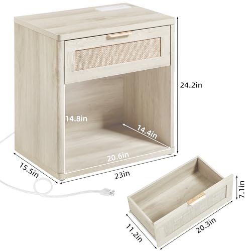 Image of LEYAOYAO Rattan Nightstand with Charging Station, Grey White Night Stand with Drawer, 23 inch Wide Boho Bedside Table with Storage Shelf, Bed Side End Tables for Bedroom, Living Room, Hallway