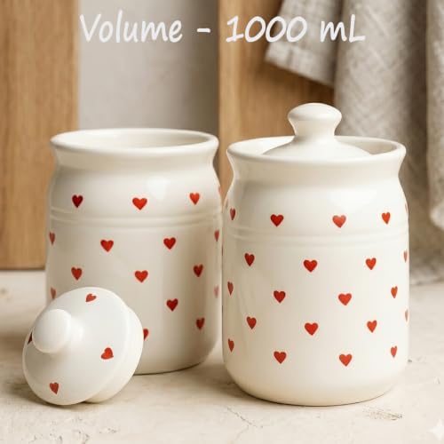 Image of D'Maiolica Ceramic 1000ml Handmade Pickle Jars (set of 2) | Handpainted Heart 1 kg Ceramic Storage Containers | Kitchen Jars for Salt (Set of 2) | Jars for Achar, Spices, Salt (Red HandPainted Heart)