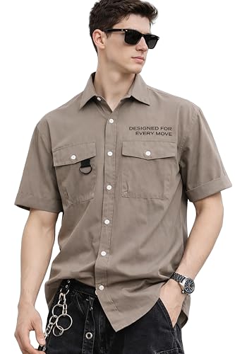 Image of ZERNY Men's Premium Utility Pocket Casual Shirt | Wrinkle Less Mechanical Stretch Fabric | Half Sleeve Relaxed Fit Button Down Shirt Polyester Blend