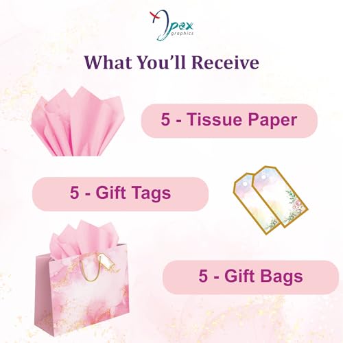 Image of Gift Bags Large Size - Paper Bags for Gifting with Tissue and Tag - Carry Bags for Return Gift Birthday Wedding Party - 14 x 10.5 x 4 Inch - Pack of 5
