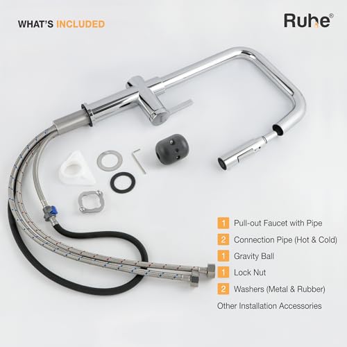 Image of Ruhe Opulo Dual Flow Pull-out Kitchen Mixer Faucet - Chrome | 360 Swivel | Hot & Cold Water Faucet | Single Lever Tap | Table Mounted Kitchen Sink Tap