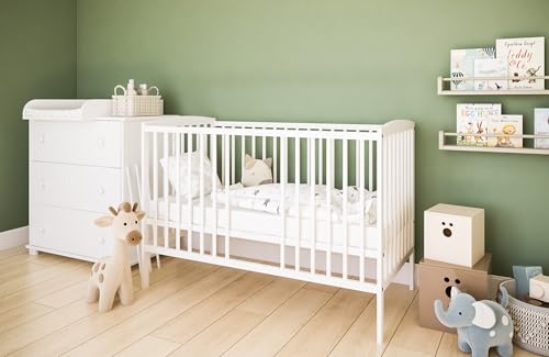 zee Set Cuna para Bebé 120 x 60 cm Blanca 2 en 1 con Barandilla de Seguridad y Cómoda Cambiador Classic de 3 Cajones Habitación Infantil
