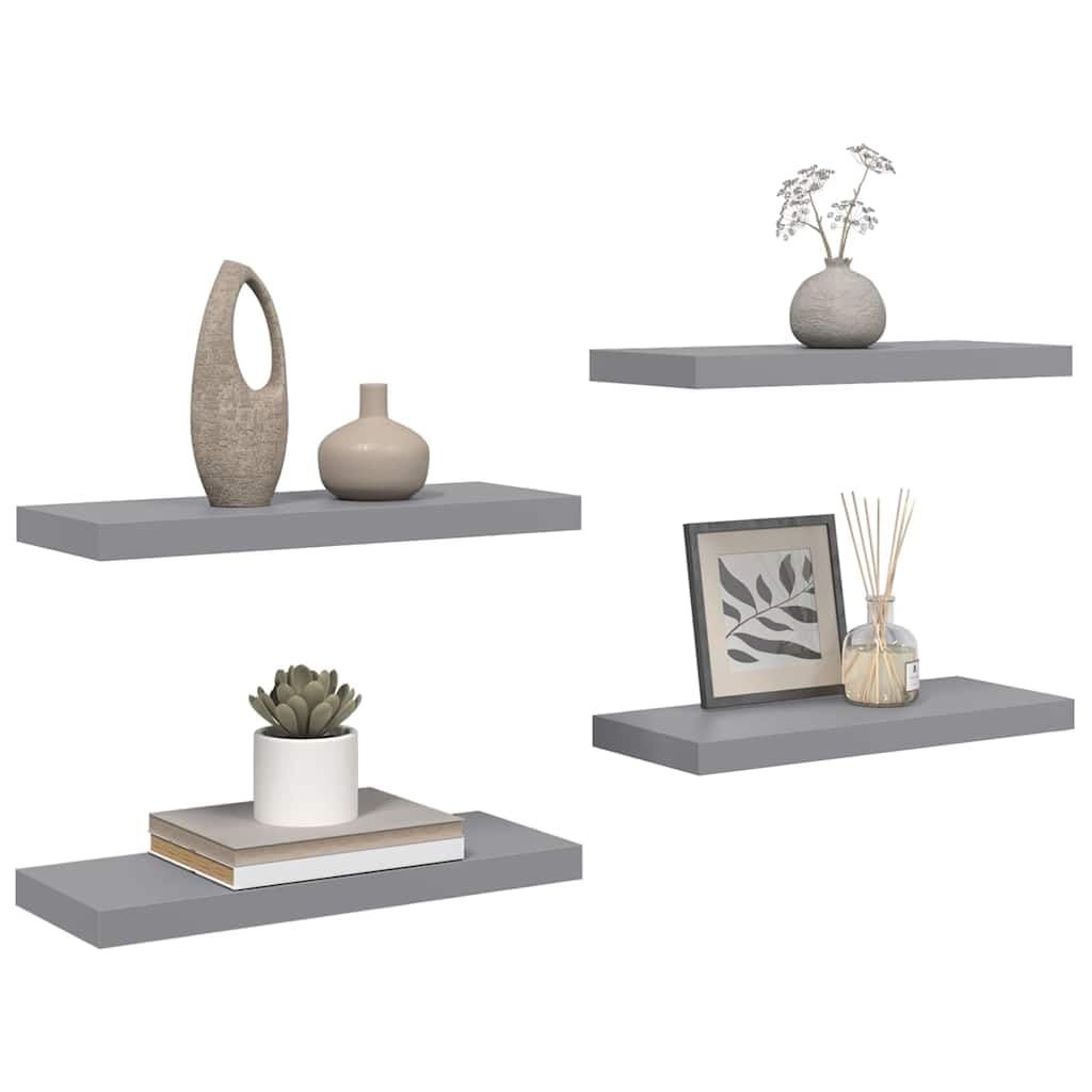 Półki wiszące, 4 szt., szare, 60 x 23,5 x 3,8 cm, MDF, zestaw półek ściennych do sypialni, wytrzymałe półki wiszące na książki i dekoracje, łatwy montaż