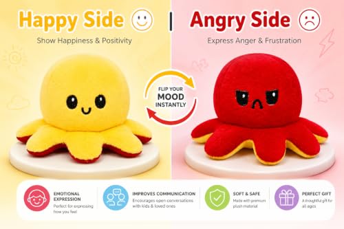 Image of Reversible Octopus Plush Toy 18 cm | Flip Mood Soft Toy | Double-Sided Happy & Angry Expression | Super Soft Stuffed Animal Plushie | Cute Kids Gift, Stress Relief Toy, Home Decor (Red - Yellow)