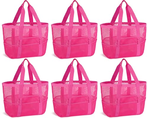 Image of Hillban Large Beach Mesh Bags Bulk for Women Beach Tote Bag with 8 Pocket Zipper Waterproof Sandproof for Pool Cruise Ship