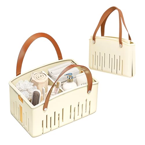 Image of Portable Shower Caddy,Foldable Shower Caddy with Handle and Adjustable Divider,Plastic Shower Storage Basket,Quick Dry Bathroom Shower Organizer Bin for College,Dorm Room,Travel Essentials(Cream)